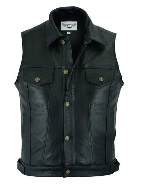 Biker Cut-off Levi Style Trucker Vest in Black Natural Cowhide Leather - LEE 254