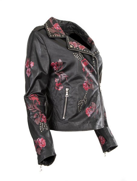 Ladies Leather Jacket Sheep Nappa with Chrome Studs Flowery