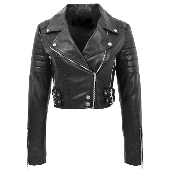 LADIES SHORT BIKER FASHION LEATHER JACKET BLACK SHEEP NAPPA S089